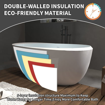 ExBrite 67" Acrylic Free Standing Tub Classic Oval Shape Soaking Tub, Adjustable Freestanding Bathtub Gloss White