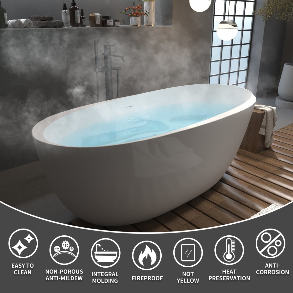 ExBrite 67" Acrylic Free Standing Tub Classic Oval Shape Soaking Tub, Adjustable Freestanding Bathtub Gloss White
