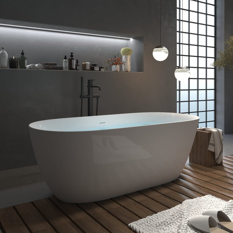 ExBrite 67" Bathtub Acrylic Free Standing Tub Classic Oval Shape Soaking Tub Gloss White