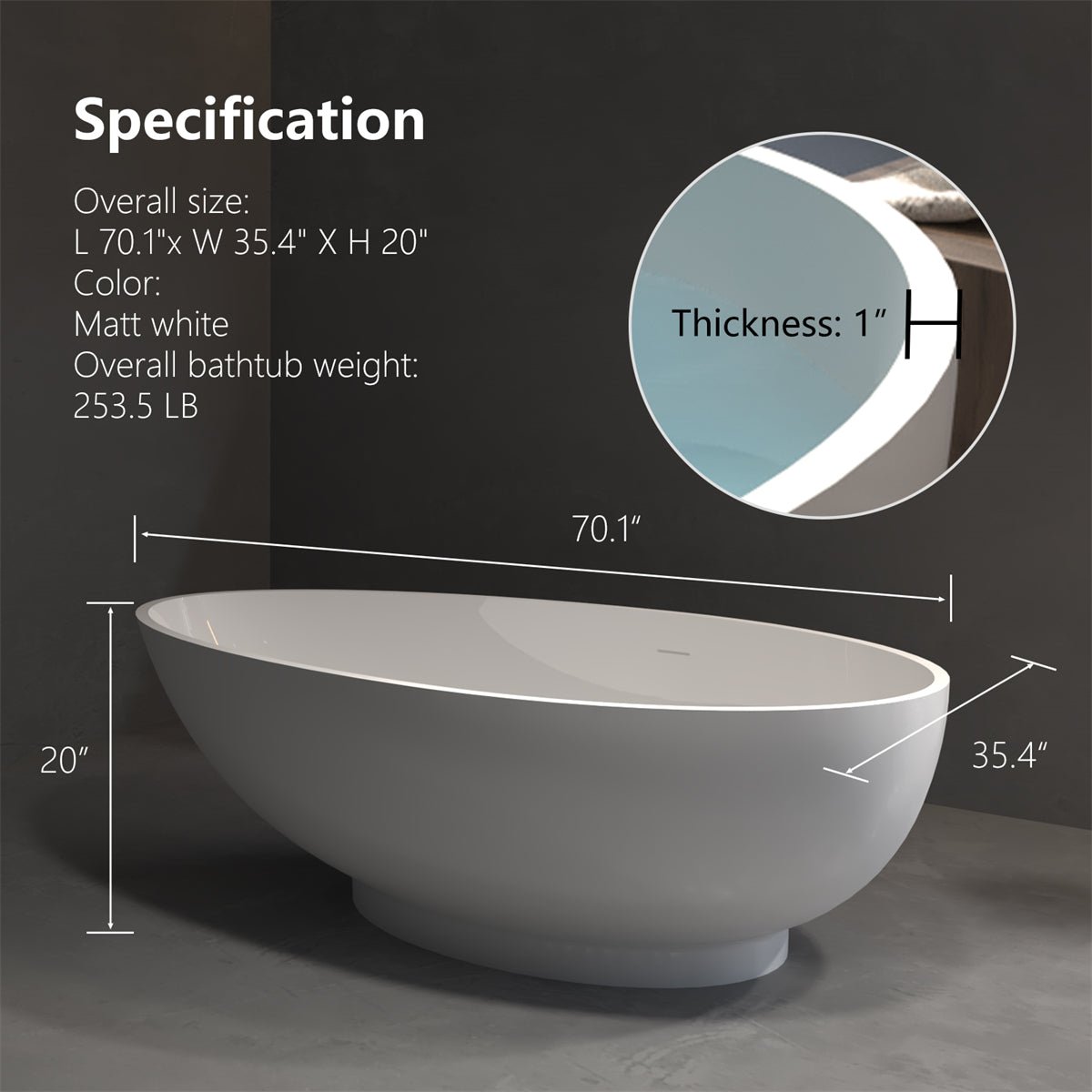 ExBrite 70" Soaking Bathtub Oval-shaped Free standing tub with Overflow - ExBriteUSA