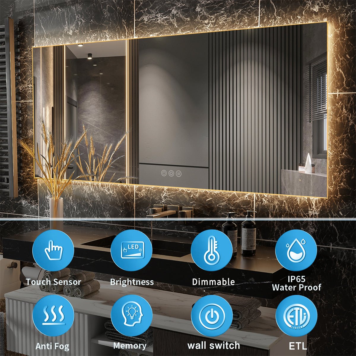 ExBrite 84" x 36" LED Mirror Bathroom Vanity Mirror with Back Light, Wall Mount Anti-Fog Memory Large Adjustable Vanity Mirror - ExBriteUSA