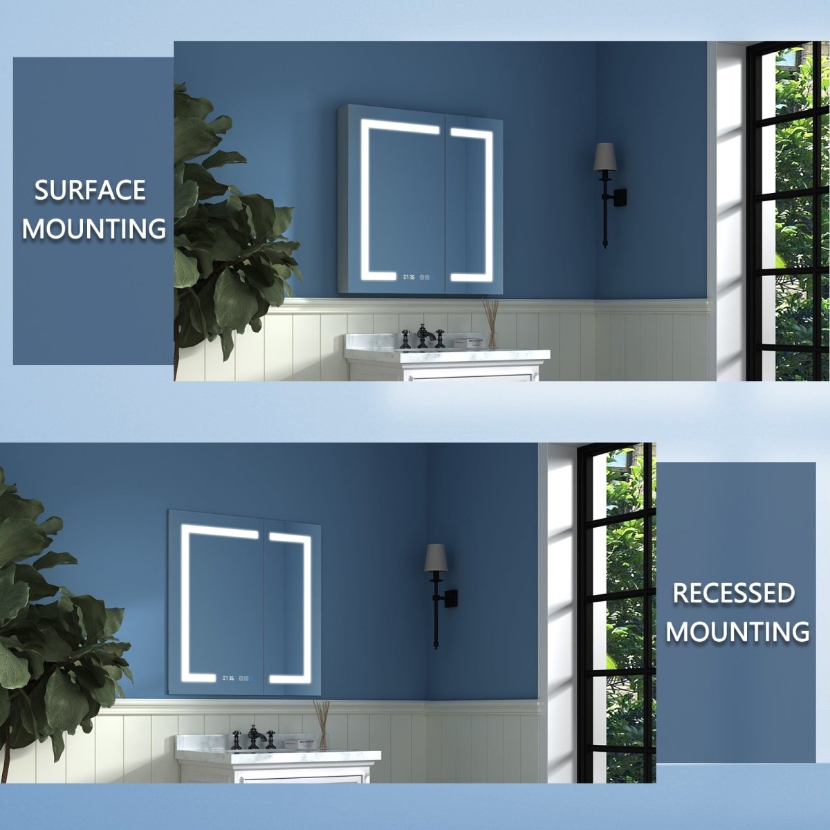 Boost-M2 30" W x 32" H Bathroom Light Medicine Cabinets Recessed or Surface Defogger, Dimmer, Clock，Outlets & USB