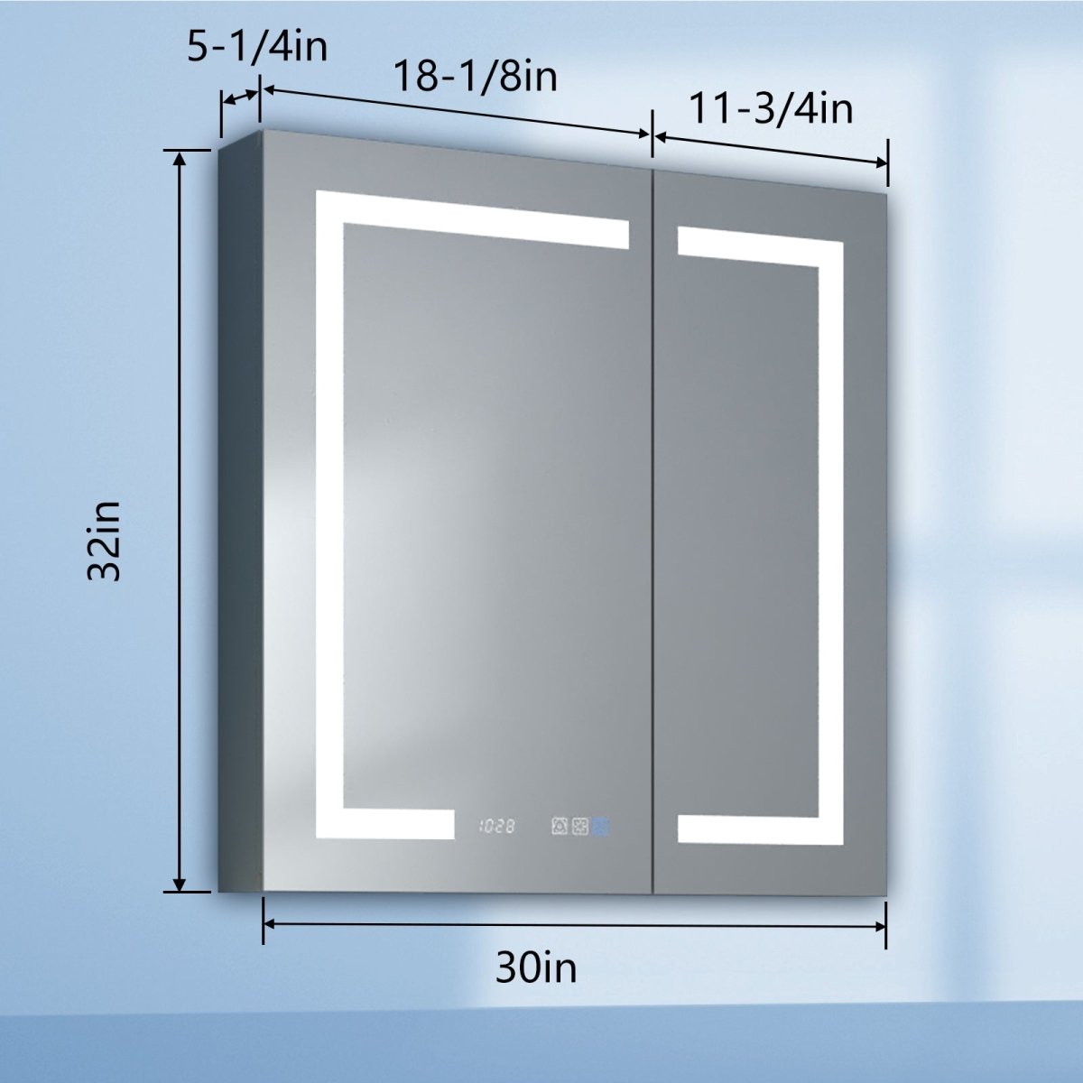 Boost-M2 30" W x 32" H Bathroom Light Medicine Cabinets Recessed or Surface Defogger, Dimmer, Clock，Outlets & USB