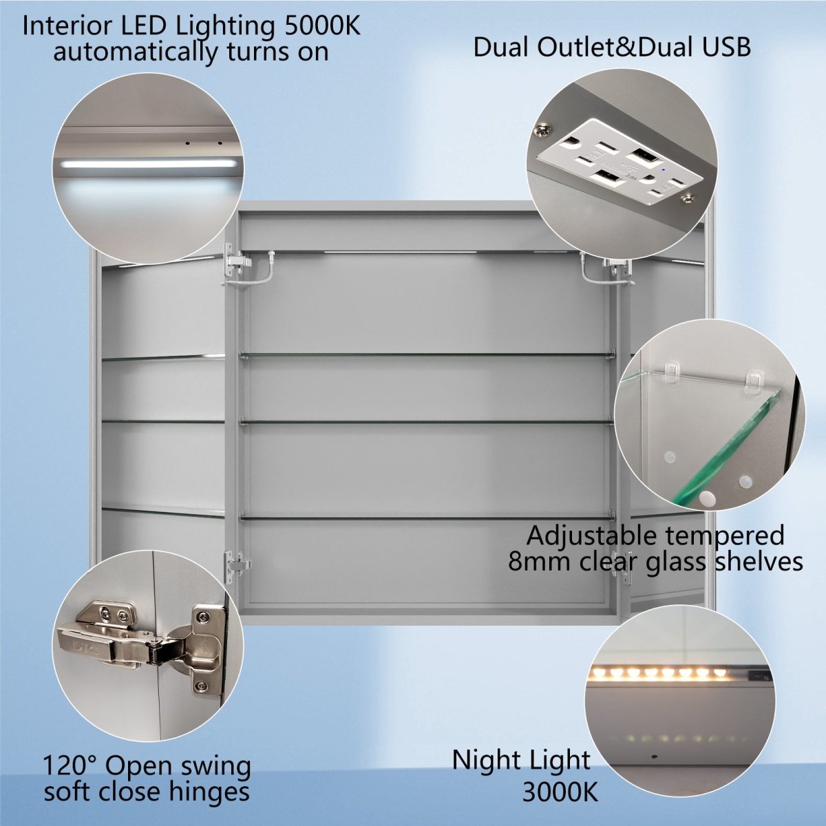 ExBrite Bathroom Light Medicine Cabinets Recessed or Surface Defogger, Dimmer, Clock，Outlets & USB 30" W x 32" H - ExBriteUSA