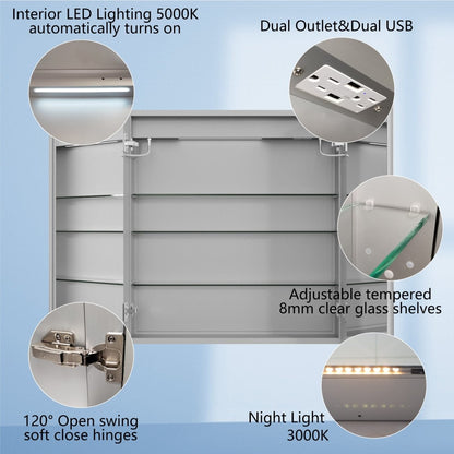 Boost-M2 30" W x 32" H Bathroom Light Medicine Cabinets Recessed or Surface Defogger, Dimmer, Clock，Outlets & USB