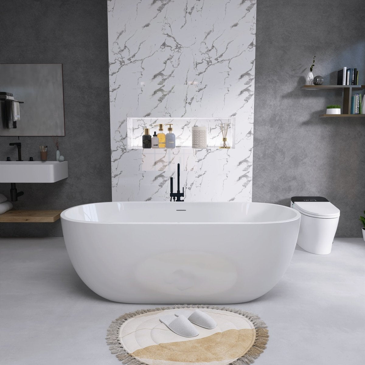 ExBrite Bathtub 55" Acrylic Free Standing Tub Classic Oval Soaking Tub Adjustable Freestanding Chrome Pop-up Drain Anti-clogging Gloss White