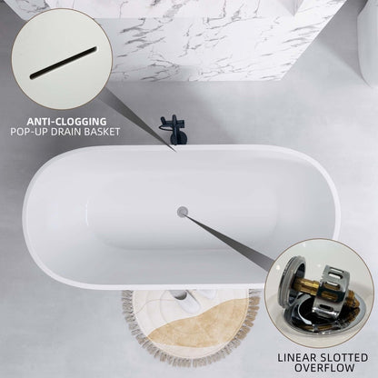ExBrite Bathtub 55" Acrylic Free Standing Tub Classic Oval Soaking Tub Adjustable Freestanding Chrome Pop-up Drain Anti-clogging Gloss White - ExBriteUSA