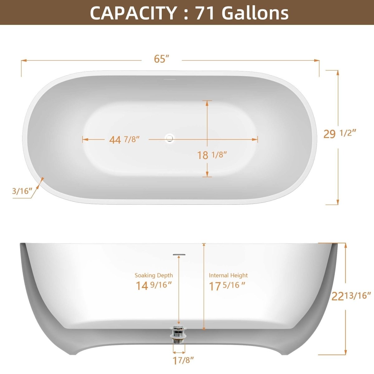 ExBrite Bathtub 65" Acrylic Classic Oval Shape Soaking Tub, Adjustable Freestanding Matte White - ExBriteUSA