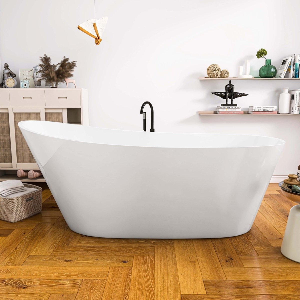ExBrite Bathtub 67" Acrylic Free Standing Tub Classic Oval Shape Soaking Tub, Adjustable Freestanding Gloss White
