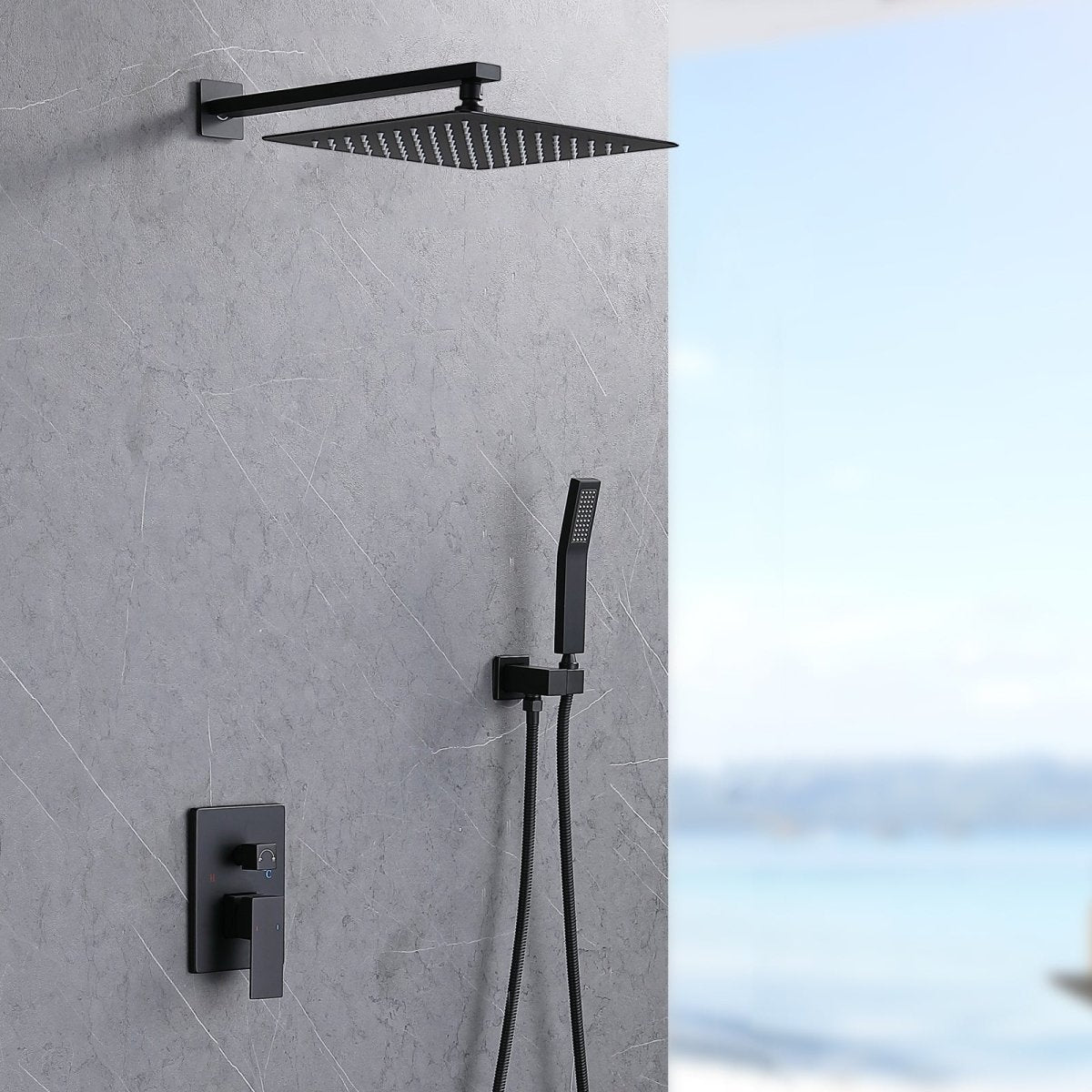 ExBrite Shower System Shower Faucet Combo Set Wall Mounted with 12" Rainfall Shower Head Set Matt Black Finish - ExBriteUSA