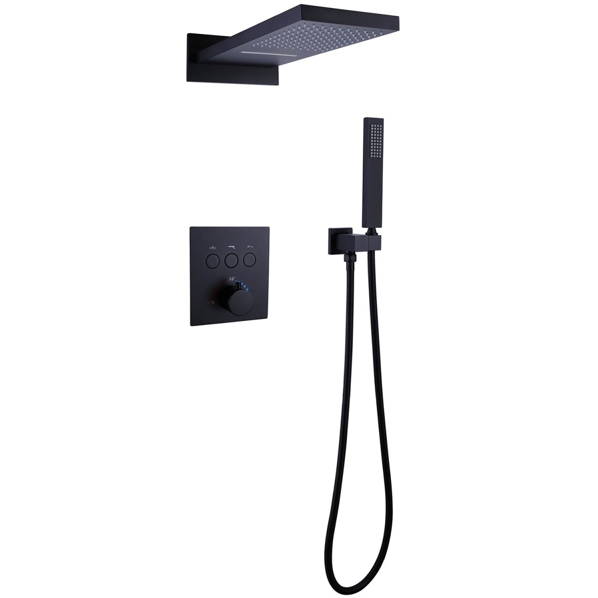ExBrite Shower System Square Waterfall Rain Shower Set, Three-function Thermostatic Concealed Bathroom Shower Fixture, Matte Black Copper Materia - ExBriteUSA