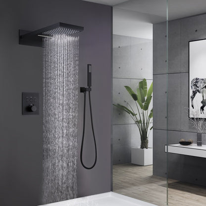 ExBrite Shower System Square Waterfall Rain Shower Set, Three-function Thermostatic Concealed Bathroom Shower Fixture, Matte Black Copper Materia - ExBriteUSA
