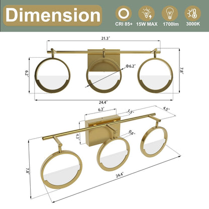 ExBrite TRIO Modern Simplicity LED Vanity Light with Rotatable Heads and Dimmable Brightness, Gold