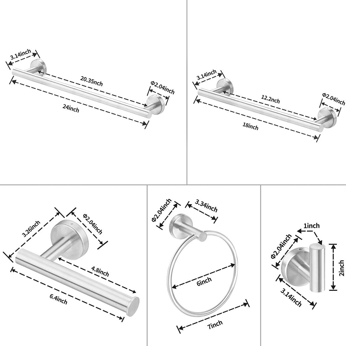 ExBrite Wall Mount Towel Rack Set 6 Piece Stainless Steel for Bathroom,Bursh Nickle