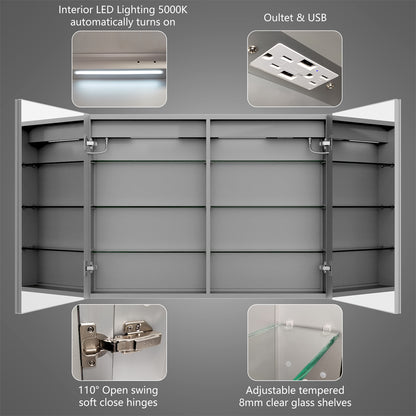 Rim 60" W x 30" H Led Lighted Medicine Cabinet Recessed or Surface with Mirrors and Clock