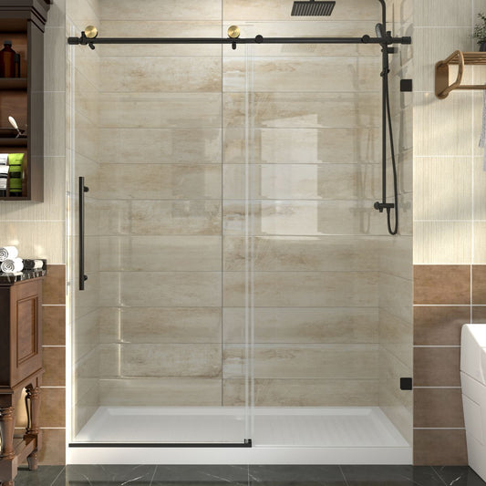 Glide 56"-60" Width x 74" Height Frameless Sliding Shower Door,Clear Tempered Glass,Matte Black,Smooth Door Closing,Vertical Handle