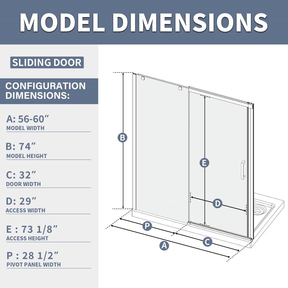 Glide Adjustable 56-60"W x 74"H Sliding Glass Shower Door with 8mm Clear Tempered Glass,Stainless Steel Hardware Black,Rectangle Shower Door