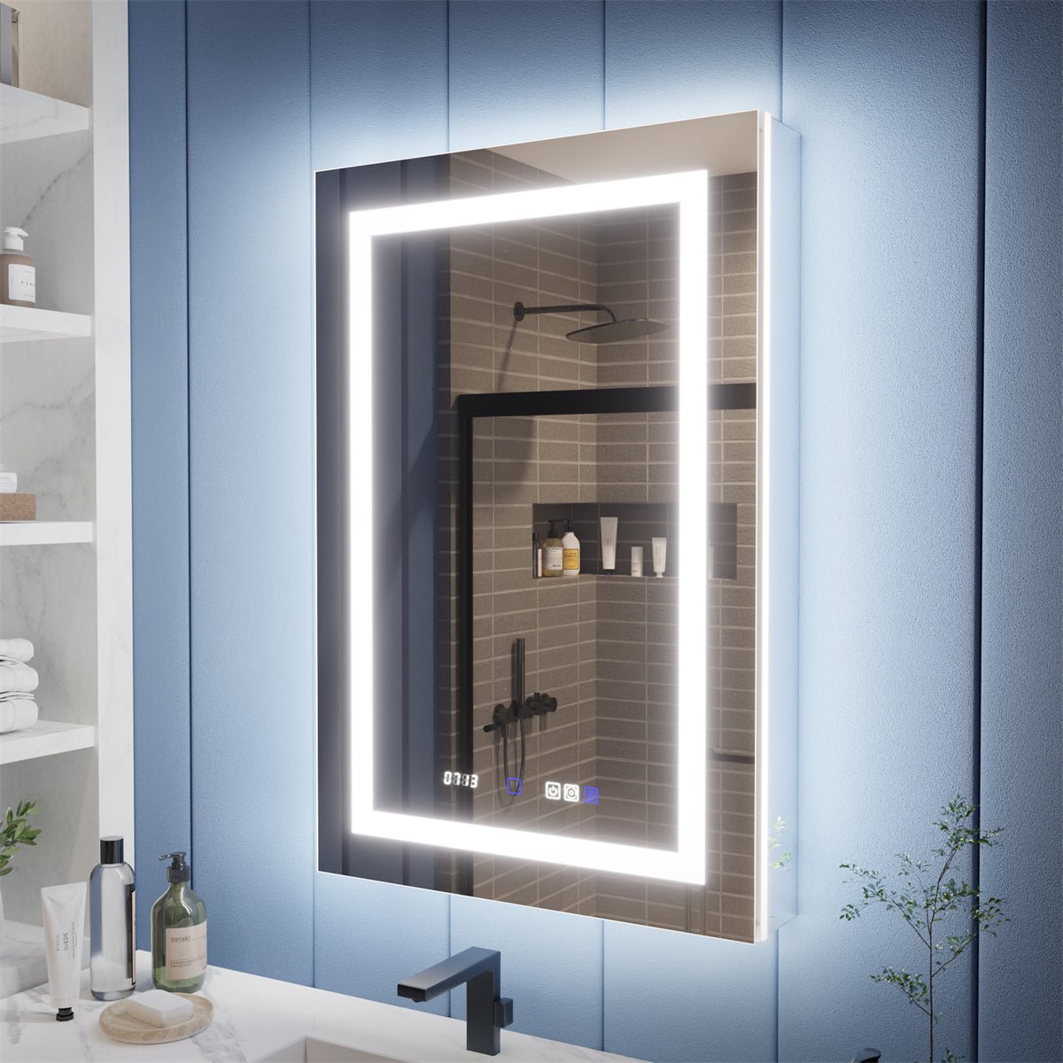 Illusion-B 24" x 36" LED Lighted Inset Mirrored Medicine Cabinet with Magnifiers Front and Back Light, Right Hinge