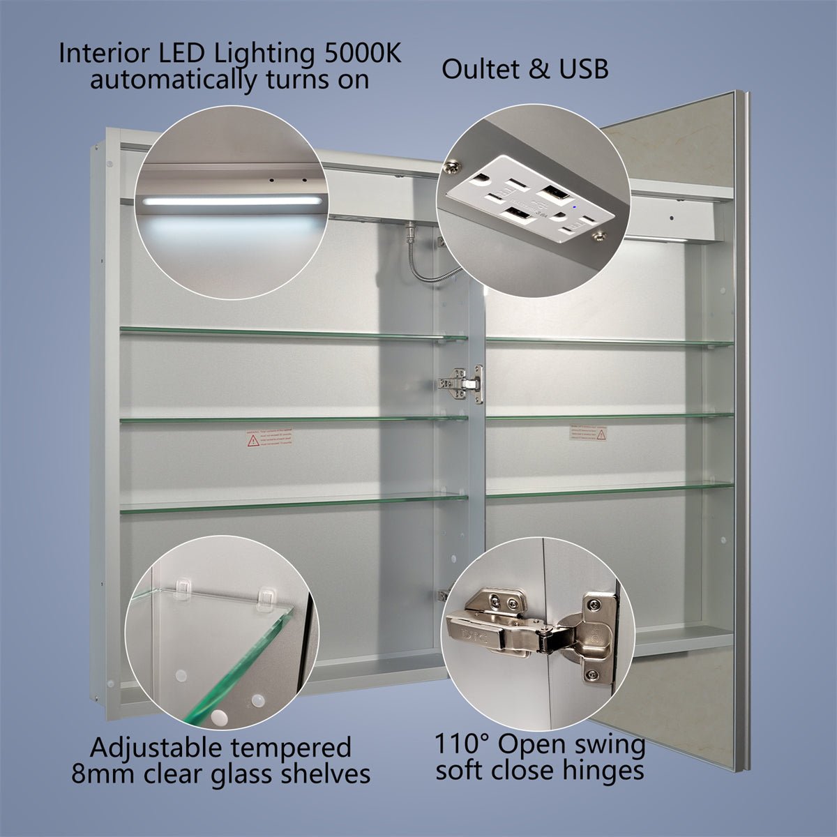 Rim 24" W x 32" H Led Lighted Medicine Cabinet Recessed or Surface with mirrors,Hinge on the right