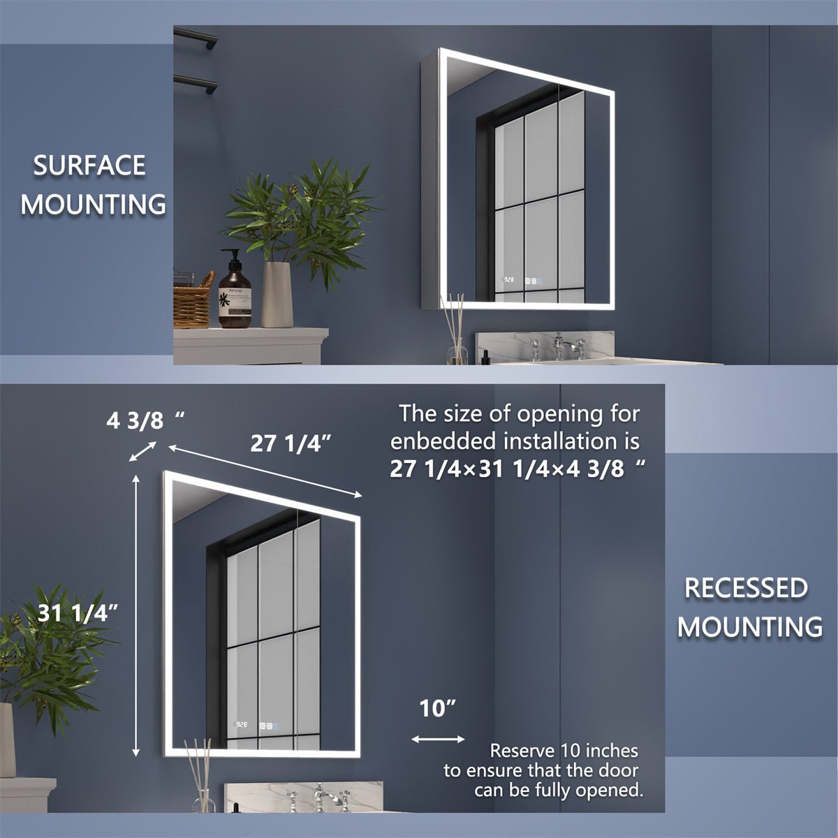 Rim 28" W x 32" H Led Lighted Medicine Cabinet Recessed or Surface with Mirrors - ExBriteUSA
