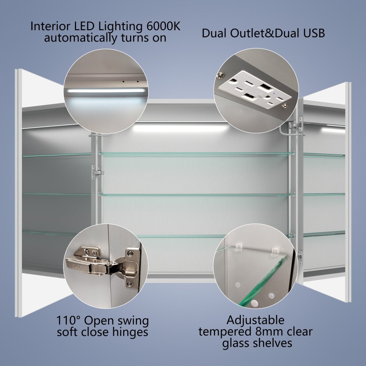 Rim 36" W x 32" H Led Lighted Medicine Cabinet Recessed or Surface with Clock - ExBriteUSA
