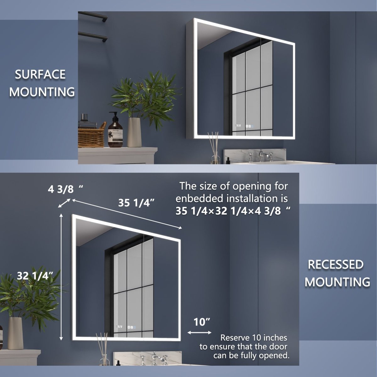 Rim 36" W x 32" H Led Lighted Medicine Cabinet Recessed or Surface with Clock - ExBriteUSA