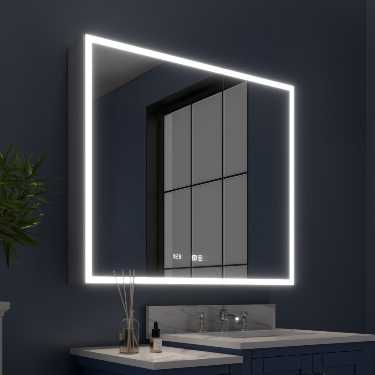 Rim 36" W x 32" H Led Lighted Medicine Cabinet Recessed or Surface with Clock - ExBriteUSA