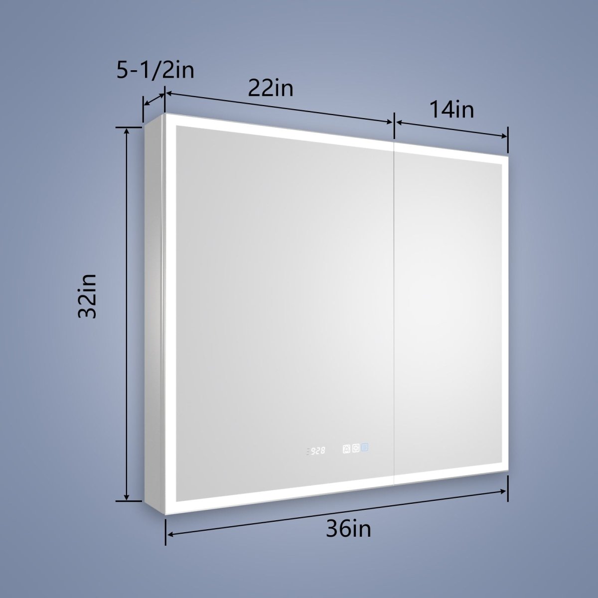 Rim 36" W x 32" H Led Lighted Medicine Cabinet Recessed or Surface with Clock - ExBriteUSA