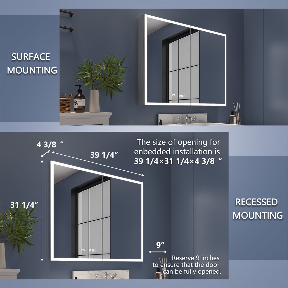 Rim 40" W x 32" H Led Lighted Medicine Cabinet Recessed or Surface with Mirrors