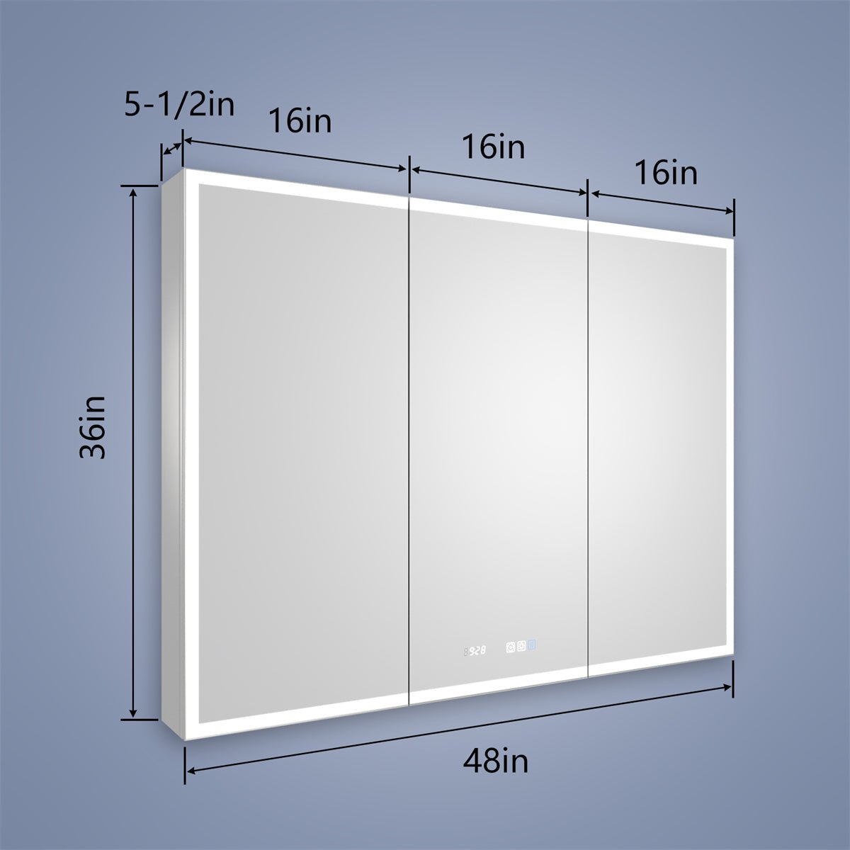 Rim 48" W x 36" H Led Lighted Medicine Cabinet Recessed or Surface with Clock and mirrors
