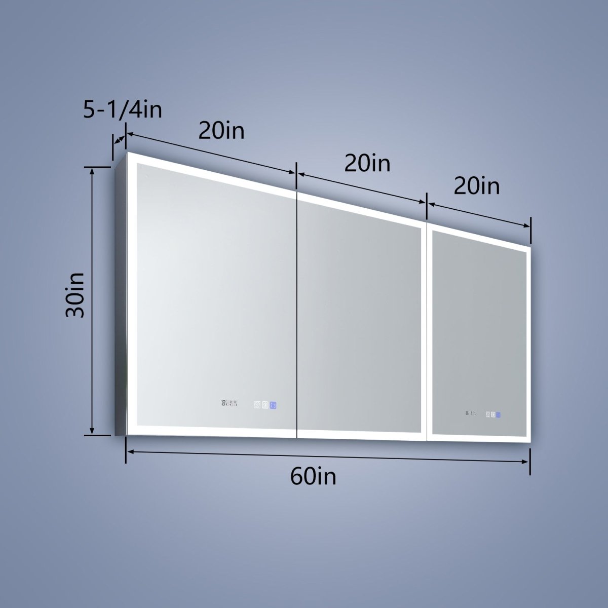 Rim 60" W x 30" H Led Lighted Medicine Cabinet Recessed or Surface with Mirrors and Clock