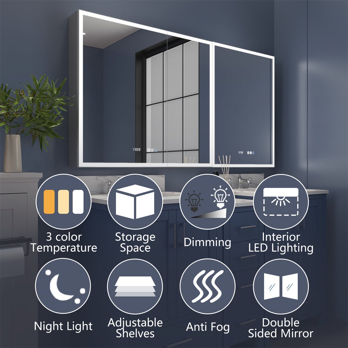 Rim 60" W x 32" H Lighted Medicine Cabinet Recessed or Surface led Medicine Cabinet with Outlets & USBs