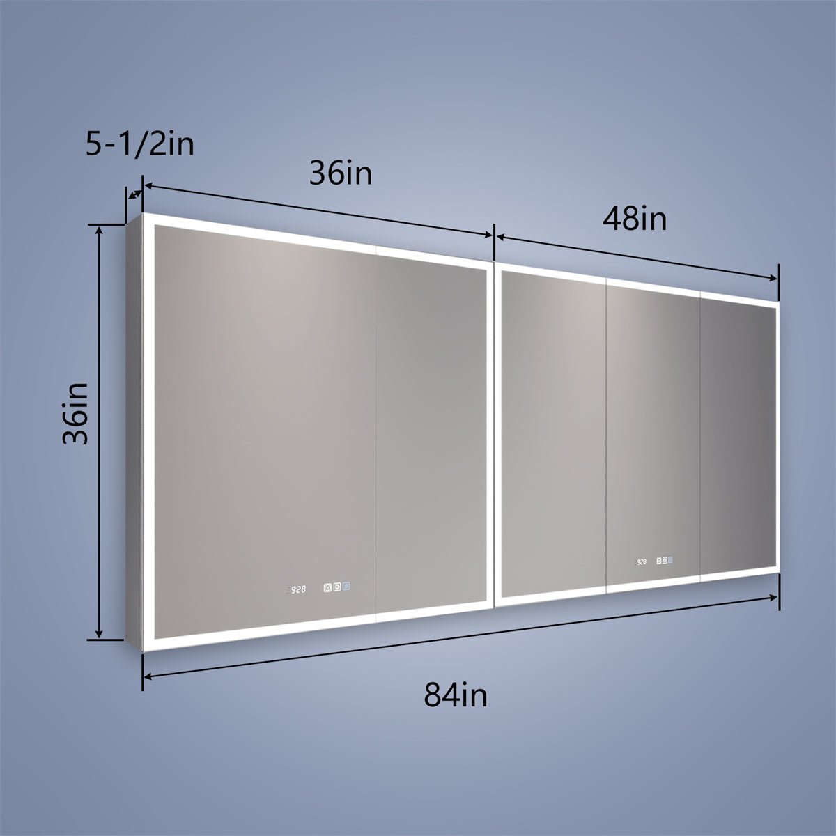Rim 84" W x 36" H Led Lighted Medicine Cabinet Recessed or Surface with Mirrors,36-48