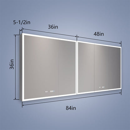 Rim 84" W x 36" H Led Lighted Medicine Cabinet Recessed or Surface with Mirrors,36-48
