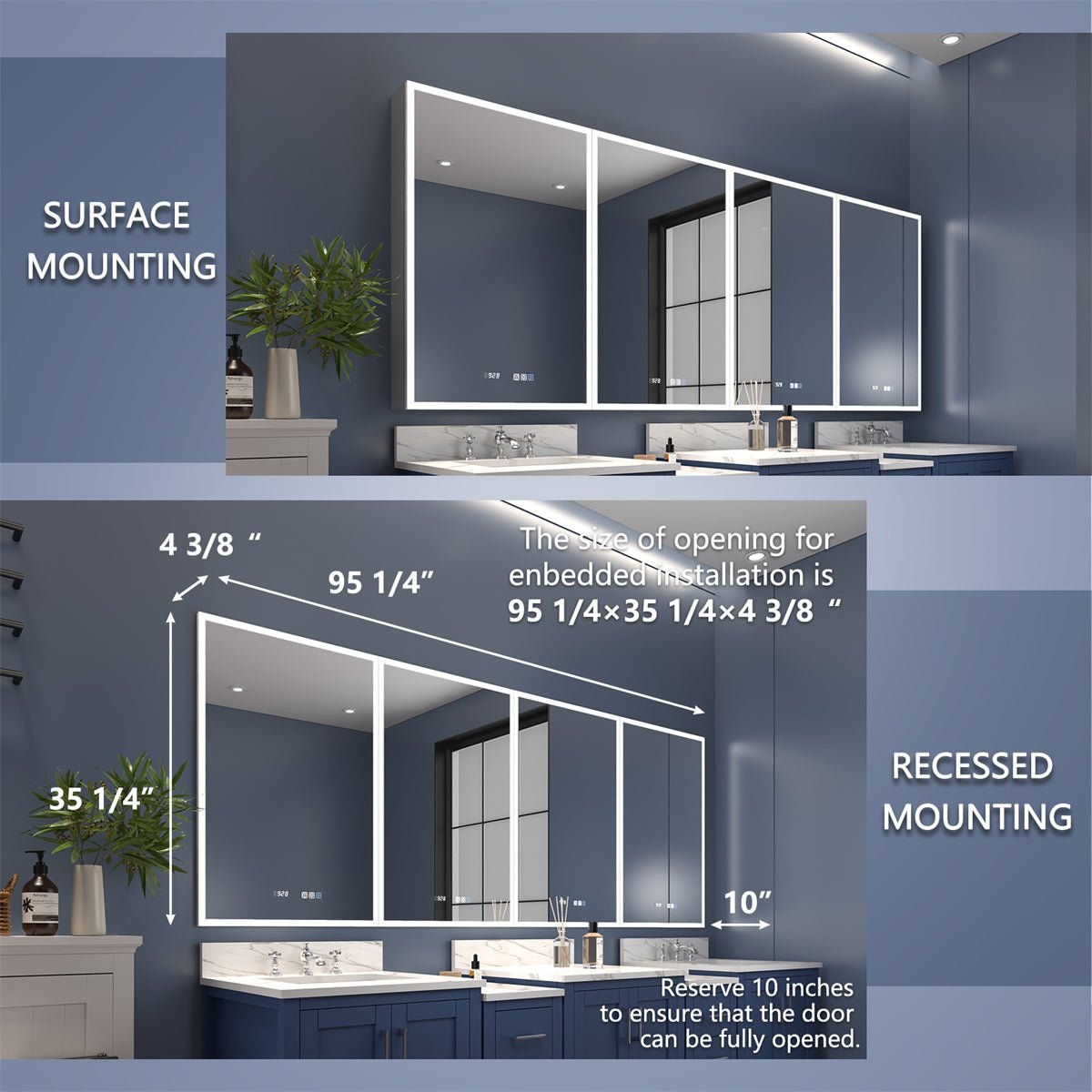 Rim 96" W x 36" H Led Lighted Medicine Cabinet Recessed or Surface with Mirrors