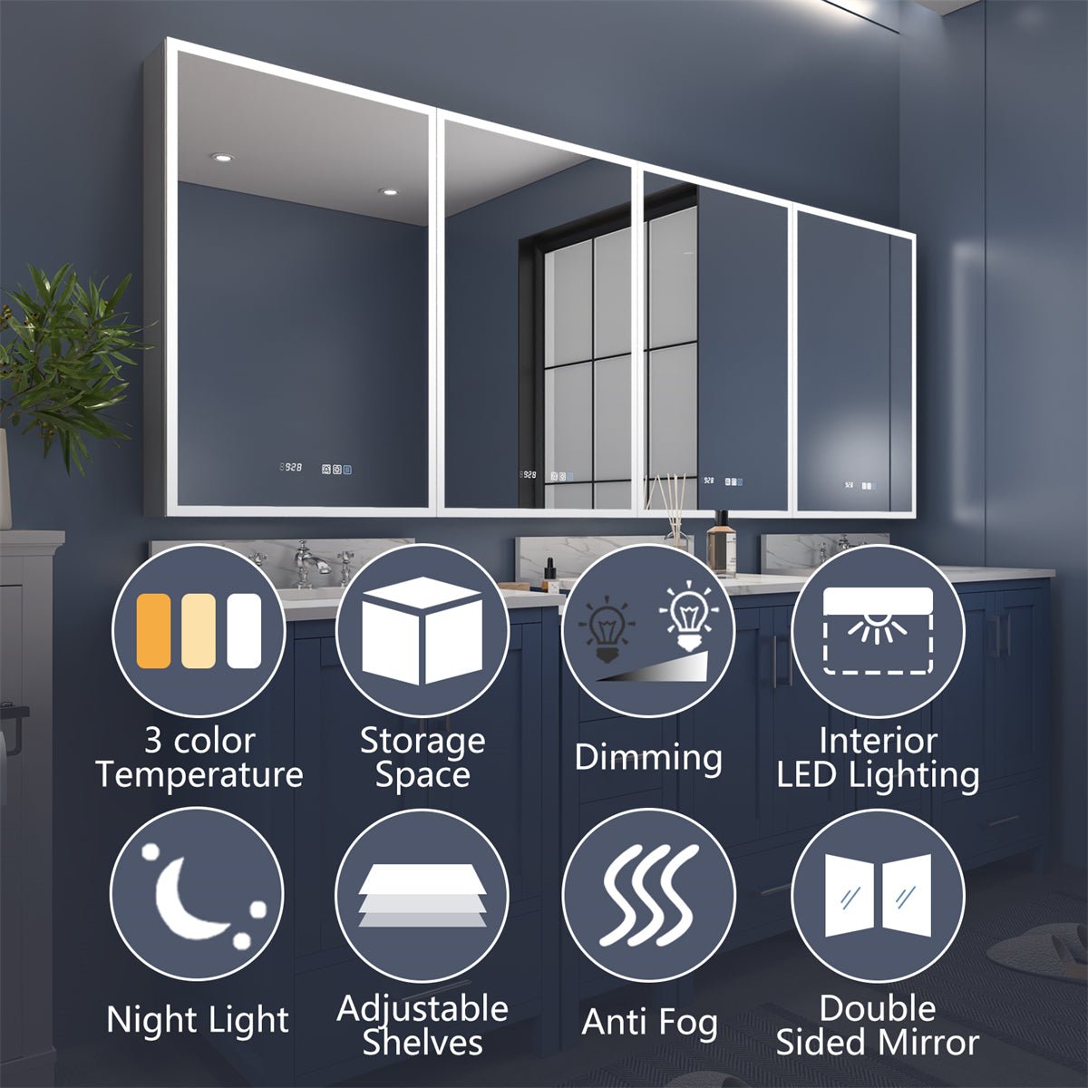 Rim 96" W x 36" H Led Lighted Medicine Cabinet Recessed or Surface with Mirrors