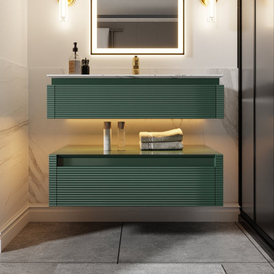 Segeo 36" Modern Solid Oak Floating Bathroom Vanity Cabinet Green with Lights and Marble Countertop