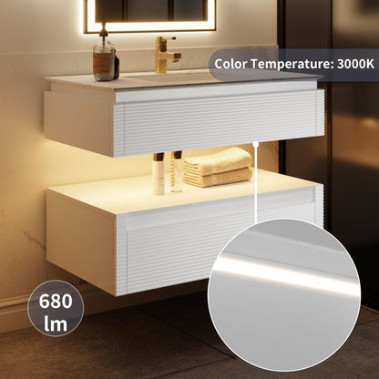 Segeo 36" Modern Solid Oak Floating Bathroom Vanity Cabinet White with Lights and Marble Countertop