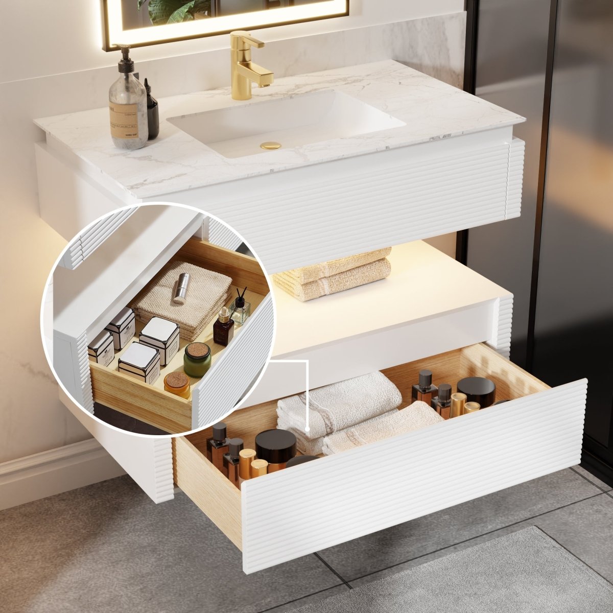 Segeo 36" Modern Solid Oak Floating Bathroom Vanity Cabinet White with Lights and Marble Countertop