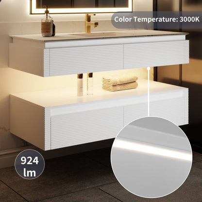 Segeo 48" Modern Solid Oak Floating Bathroom Vanity Cabinet White with Lights and Marble Countertop