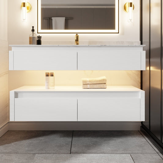 Segeo 48" Modern Solid Oak Floating Bathroom Vanity Cabinet White with Lights and Marble Countertop