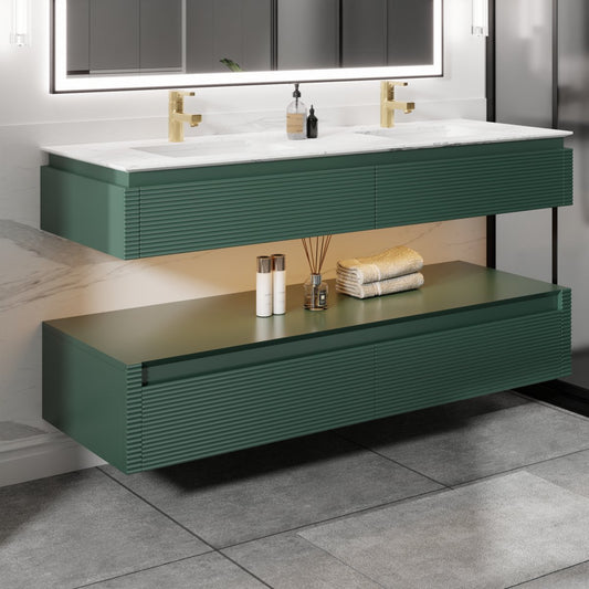 Segeo 60" Modern Solid Oak Floating Bathroom Green Vanity Cabinet with Marble Countertop