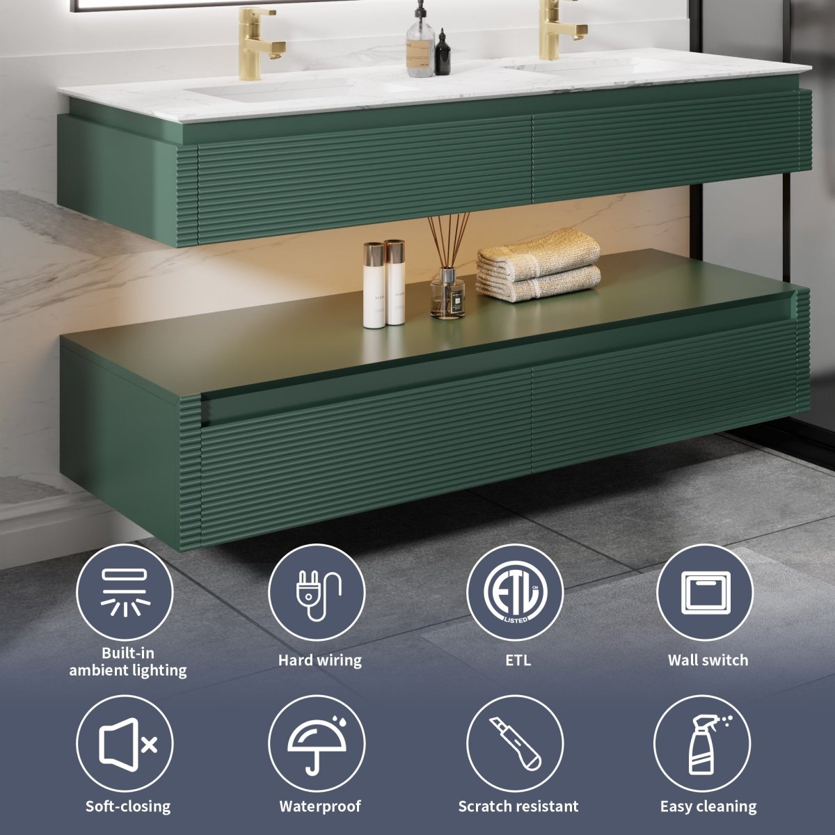 Segeo 60" Modern Solid Oak Floating Bathroom Green Vanity Cabinet with Marble Countertop