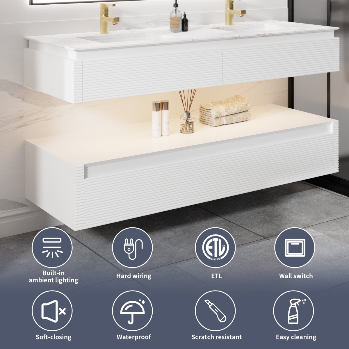 Segeo 60" Modern Solid Oak Floating Bathroom White Vanity Cabinet with Marble Countertop
