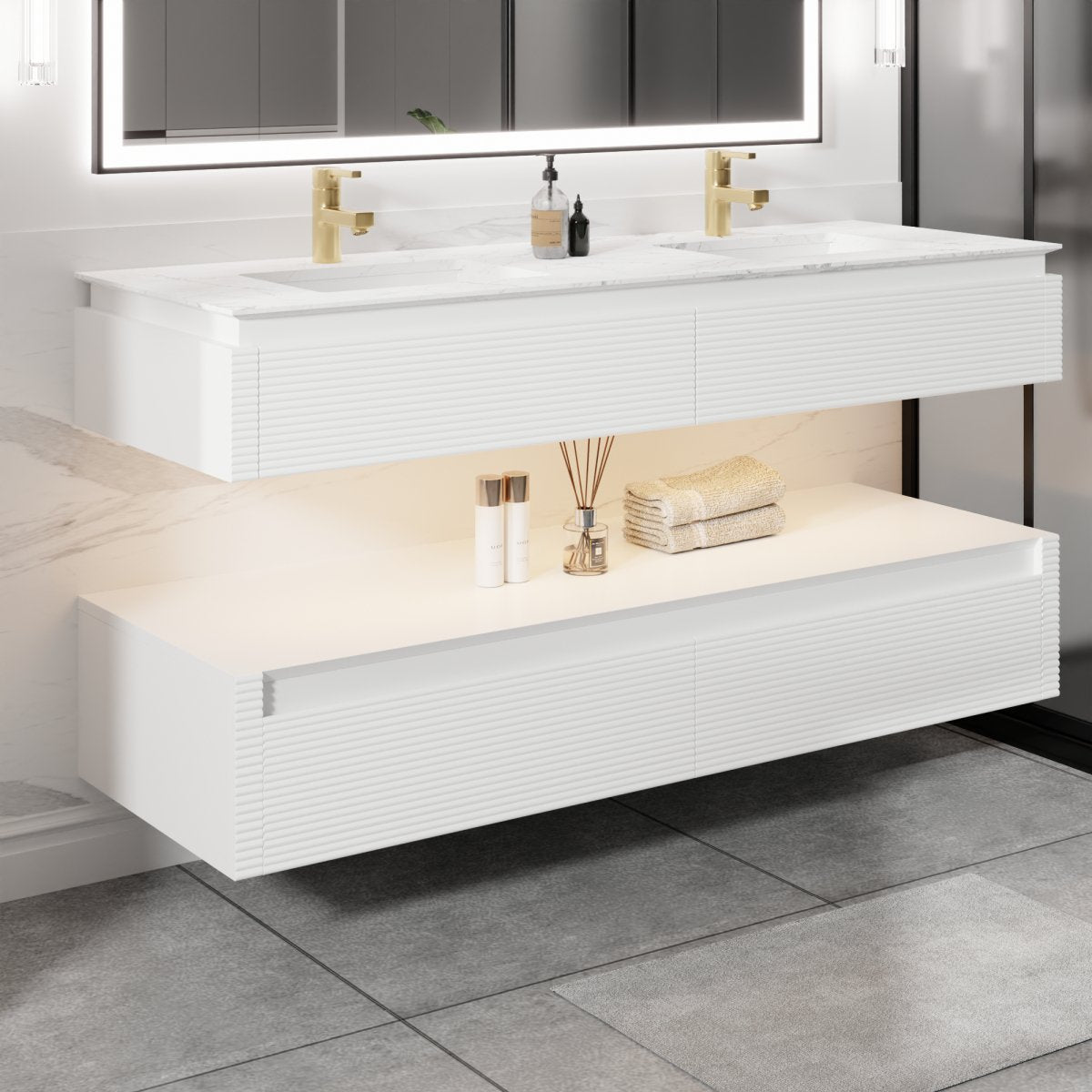Segeo 60" Modern Solid Oak Floating Bathroom White Vanity Cabinet with Marble Countertop