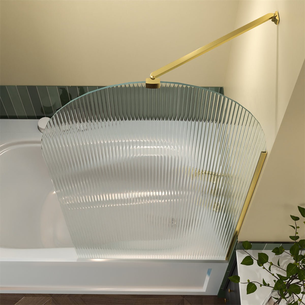 Serenity 33" x 58" Bathtub Screen Reeded Glass Shower Panel For Bathtub,Brushed Gold Finish,Reversible Installation,Semicircle