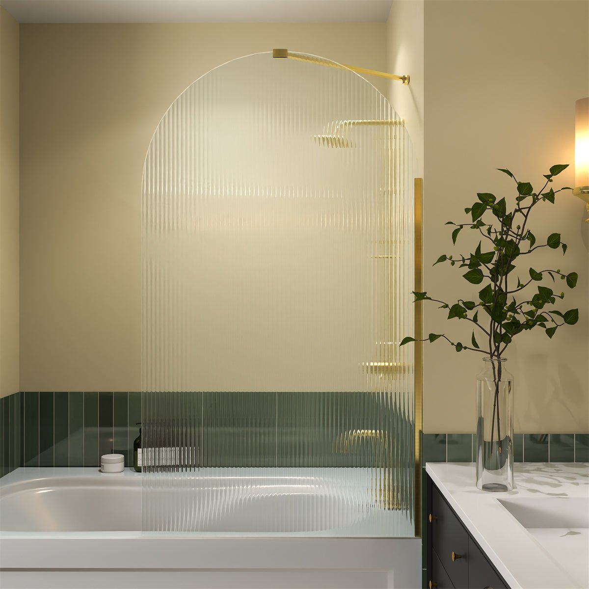 Serenity 33" x 58" Bathtub Screen Reeded Glass Shower Panel For Bathtub,Brushed Gold Finish,Reversible Installation,Semicircle