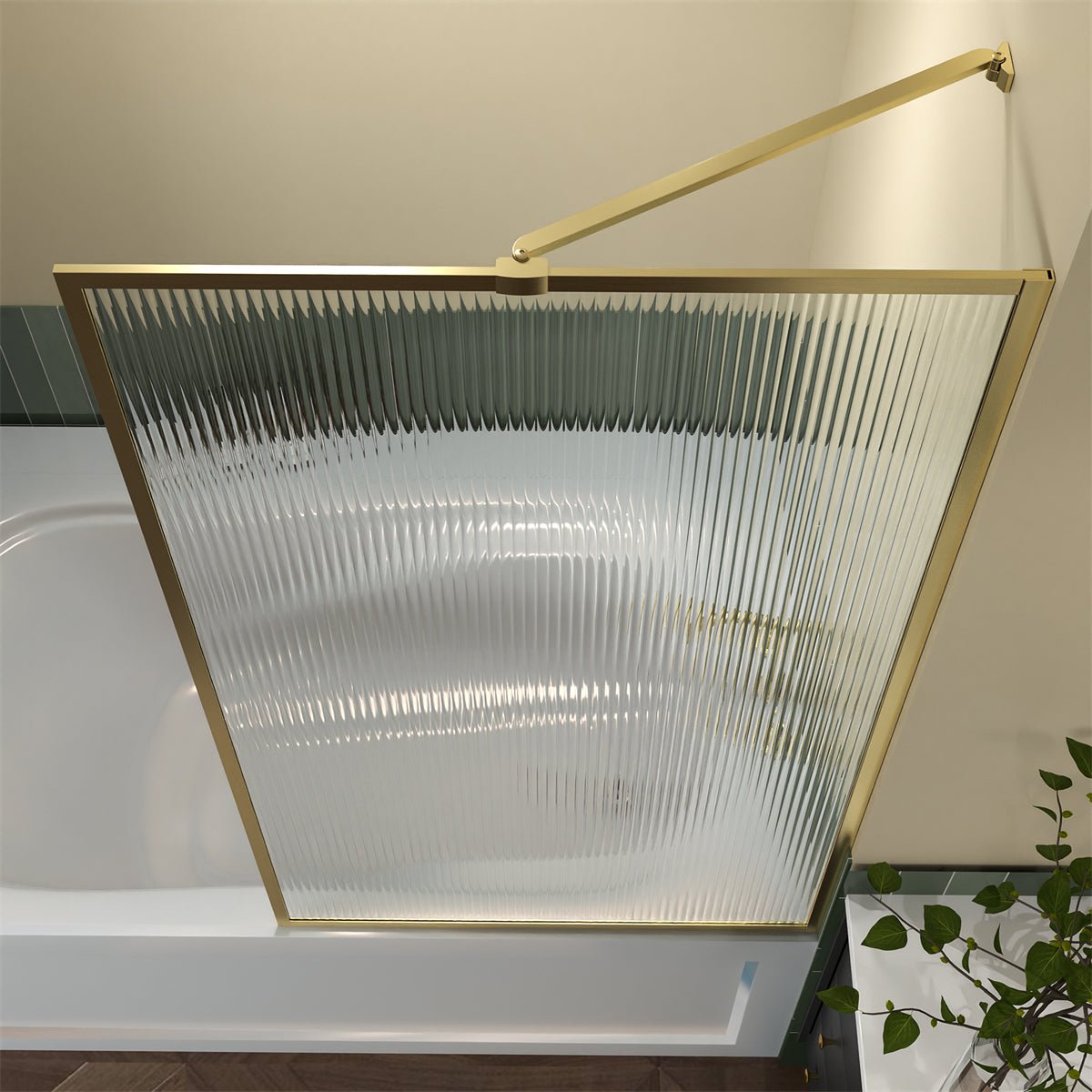 Serenity 33" x 58" Bathtub Screen Reeded Glass Shower Panel For Bathtub,Brushed Gold Finish,Reversible Installation,Square