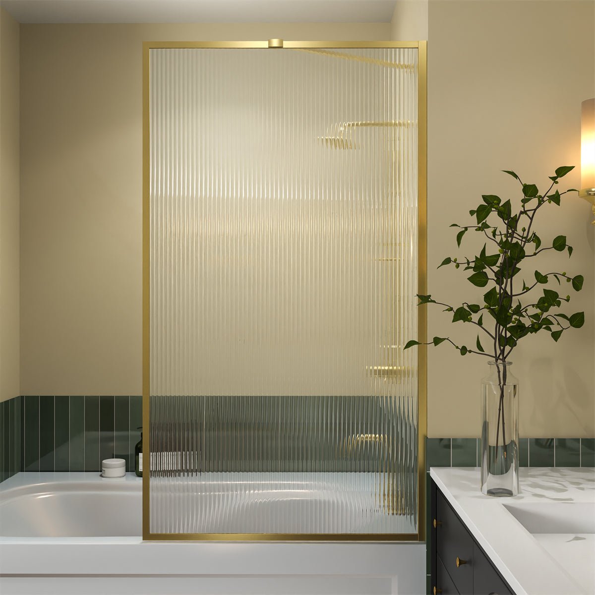 Serenity 33" x 58" Bathtub Screen Reeded Glass Shower Panel For Bathtub,Brushed Gold Finish,Reversible Installation,Square