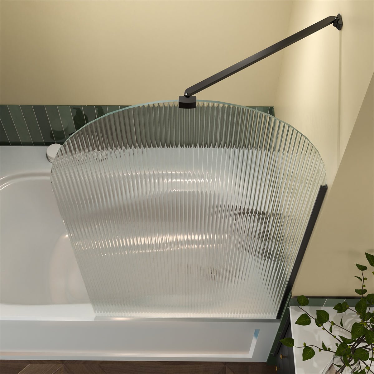 Serenity 33" x 58" Bathtub Screen Reeded Glass Shower Panel For Bathtub,Matte Black Finish,Reversible Installation,Semicircle